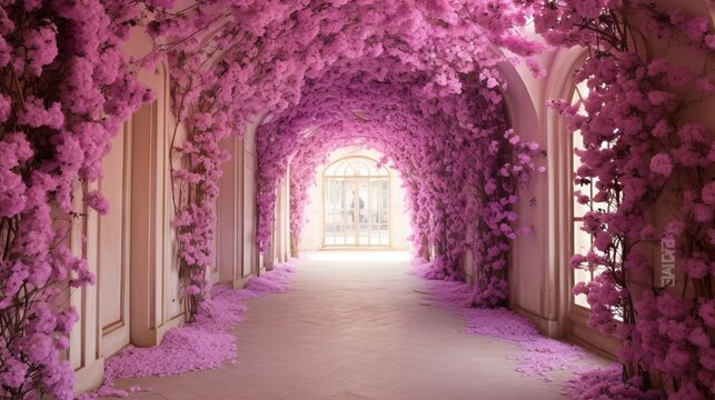  a tunnel of pink flowers in a building with a white door.  generative ai