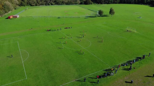 Drone 50fps. Amateur football, soccer. Played in a local park. Filmed London.UK. 
