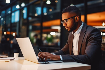 African american businessman working behind laptop. Businessman male entrepreneur sitting at conference table having a video conference on his laptop. - Powered by Adobe