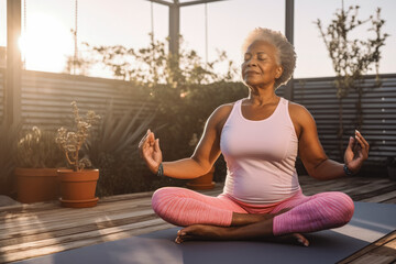 African american senior woman at home doing yoga. Senior woman exercising in her bedroom. Peaceful senior woman doing exercises at home.