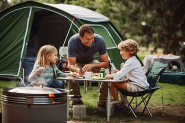 Campers at campsite. Camping tent in a camping in a forest. Camping site with a family enjoying camping holiday on campsite.