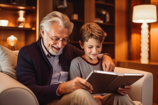 Grandfather and grandson using tablet on sofa. Grandson teaching his grandfather to use a mobile tablet. Two generation spending time together.