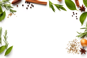 Rolgordijnen frame / border Food design element, Spices, peppers and herbs, Variety of spices and mediterranean herbs,  © Kodjovi