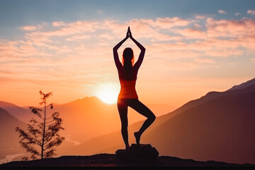 Silhouette of fitness girl practicing yoga on mountain top. Serene backlit woman on mountain doing relaxing meditation and yoga pose.