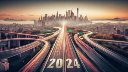 Happy New Year 2024 on the Road to a Very Successful New Year Wallpaper Background Backdrop Card Poster Digital Art - obrazy, fototapety, plakaty