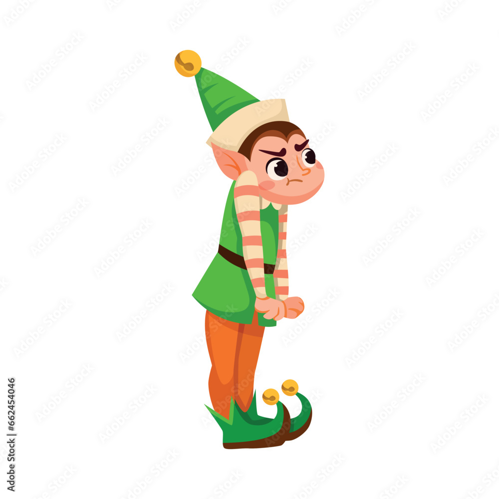 Poster funny boy elf character with pointed ears stand with grumpy face vector illustration
