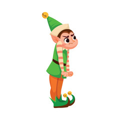 Funny Boy Elf Character with Pointed Ears Stand with Grumpy Face Vector Illustration