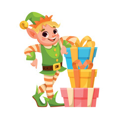 Funny Boy Elf Character with Wrapped Gift Box Vector Illustration