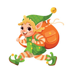 Funny Boy Elf Character with Pointed Ears Run with Sack with Gift Vector Illustration