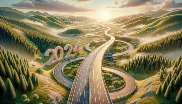 Happy New Year 2024 on the Road to a Very Successful New Year Wallpaper Background Backdrop Card Poster Digital Art