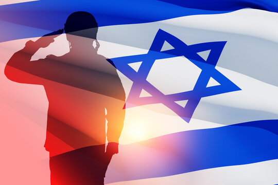 Silhouette of soldier on background of the flag of Israel. Concept armed forces of Israel.