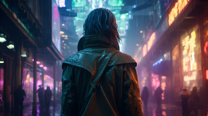 A woman, with her back turned against the camera,  standing in the middle of a Cyberpunk city street at night during a downpour