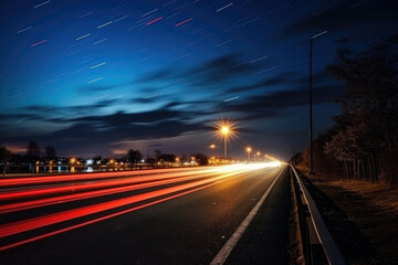 Cars lights in movement on the road at night time. Timelapse, hyperlapse of transportation. Motion blur, light trails, abstract soft glowing lines