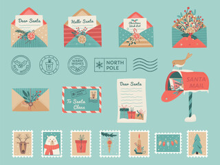 Set of Santa mail included Christmas opened and closed  envelopes, decorated with branches and dried lemon slice, seals, postage stamps,  Wishlist, Mailbox. Vector illustration on light background