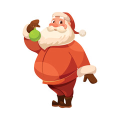 Fototapeta premium Funny Santa Character with White Beard and Red Hat Hold Bauble Vector Illustration