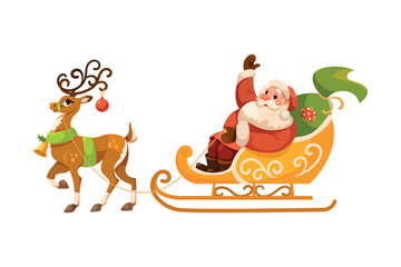 Funny Santa Character with White Beard and Red Hat Ride Sledge with Reindeer Vector Illustration
