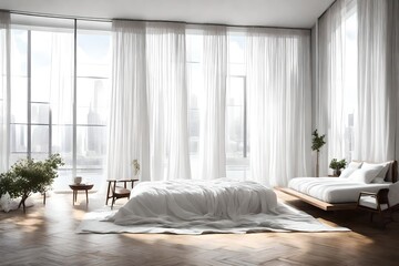 A Canvas Frame for a mockup harmoniously placed beside expansive floor-to-ceiling windows draped with sheer curtains - obrazy, fototapety, plakaty