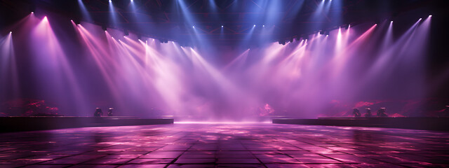 blue smoke and spotlights shine on stage floor in dark room, idea for background backdrop, abandon room or warehouse