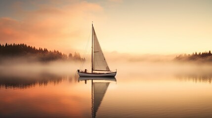 Fototapeta premium a sailboat floating on a lake with a forest in the background. generative ai