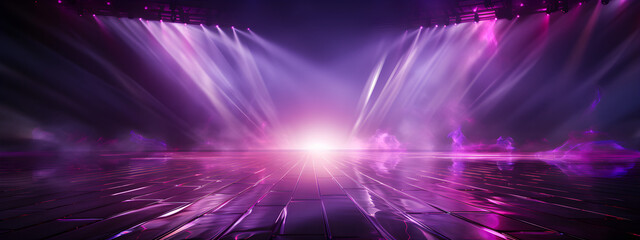 blue smoke and spotlights shine on stage floor in dark room, idea for background backdrop, abandon room or warehouse