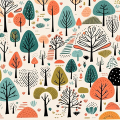 Forest landscapes quirky doodle pattern, background, cartoon, vector, whimsical Illustration