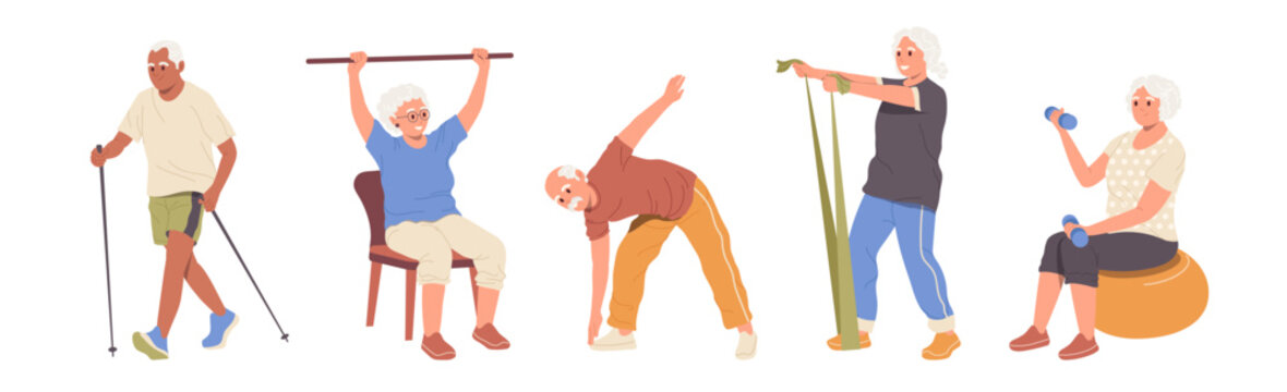 Set of elderly people enjoying sport activity doing physical exercise with fitness equipment