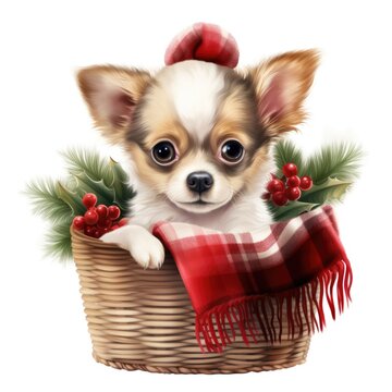 A Small Dog Is Sitting In A Basket Christmas Clipart.