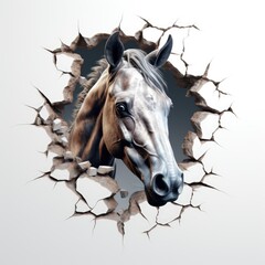 A horse looking through a hole in a wall - obrazy, fototapety, plakaty