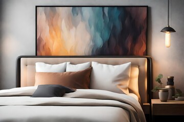 A Canvas Frame for a mockup leaning with intention against a textured fabric headboard in a modern bedroom