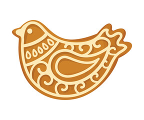 Bird Gingerbread Cookie as Winter Homemade Sweet Snack with Sugar Glaze Vector Illustration