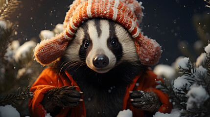 Cozy Badger, Winter Forest Cocoa Delight - obrazy, fototapety, plakaty
