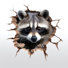 A raccoon peeks out of a hole in a wall