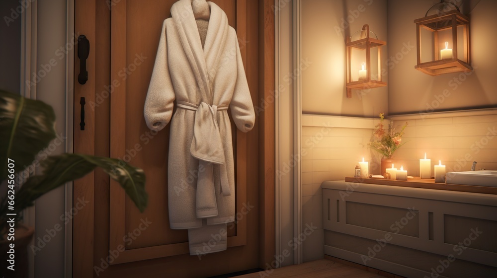 Sticker  a robe hanging on a door next to a window with candles.  generative ai