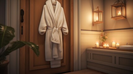  a robe hanging on a door next to a window with candles.  generative ai