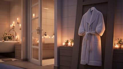 a bathroom with candles and a robe hanging on the wall.  generative ai