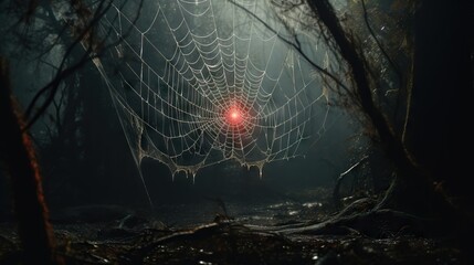  a spider web with a red light in the middle of it.  generative ai