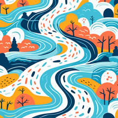 River rapids quirky doodle pattern, background, cartoon, vector, whimsical Illustration