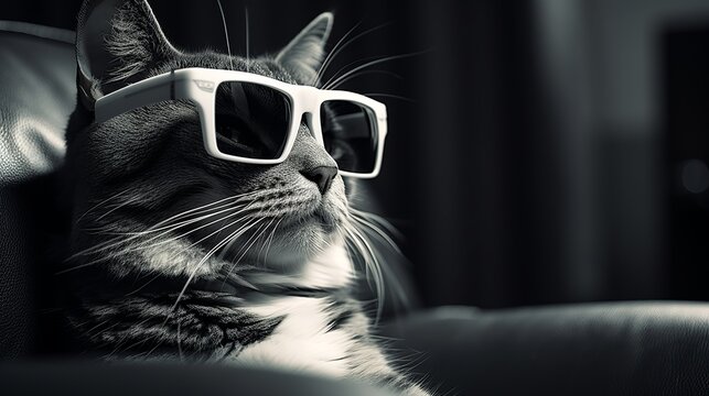 A black and white photo of a cat wearing sunglasses