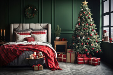 Christmas modern bedroom in traditional red and green color with Xmas tree and gifts. Mock up. Luxury hotel for winter holiday weekend. Interior design
