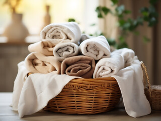 Fototapeta na wymiar Stack of clean laundry in wicker basket. Generated by AI