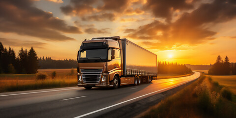 Truck driving trough at sunset. Generated by AI