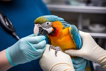 a hand in a medical glove gives an injection to a parrot