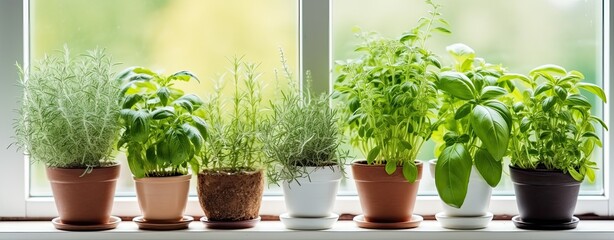 pots with aromatic herbs - obrazy, fototapety, plakaty