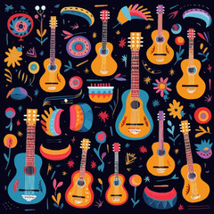 Naklejka premium Folk instruments quirky doodle pattern, background, cartoon, vector, whimsical Illustration