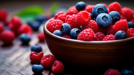A wooden bowl filled with raspberries and blueberries