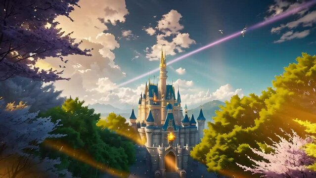 Beautiful castle in the  magic forest full of sunshine 
