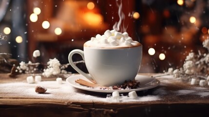 Obraz na płótnie Canvas Hot cocoa with marshmallows on a rustic wooden table. Christmas background