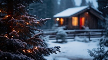 Closeup of snow-dusted pine needles with a softly lit rustic cabin in the distance