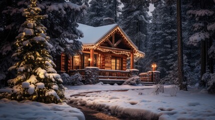 Closeup of snow-dusted pine needles with a softly lit rustic cabin in the distance