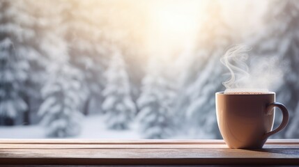 Steaming mug of hot cocoa on a wooden windowsill with a snowy landscape beyond